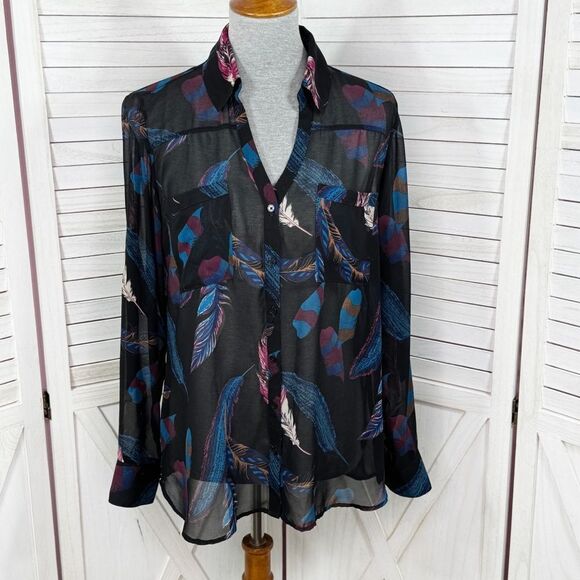 Express Feathers Print Sheer Portofino Shirt Button Up Blouse Black Large - Picture 1 of 11